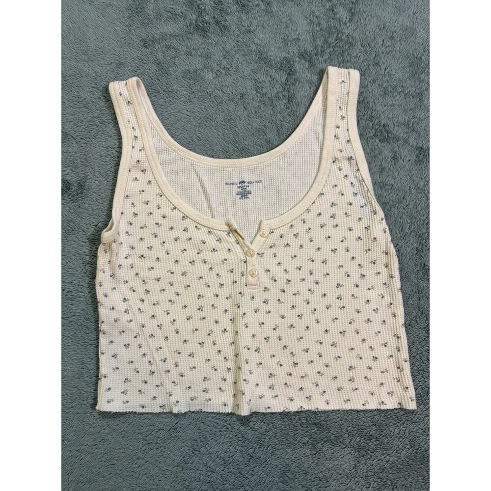 Brandy Melville White Blue Floral Cotton Cropped Knit Button Tank Top Size S